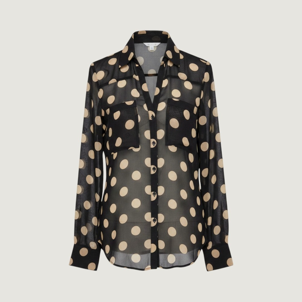 Womens Express Sheer Polka Dot Button Down Blouse Black Tan Long Sleeve